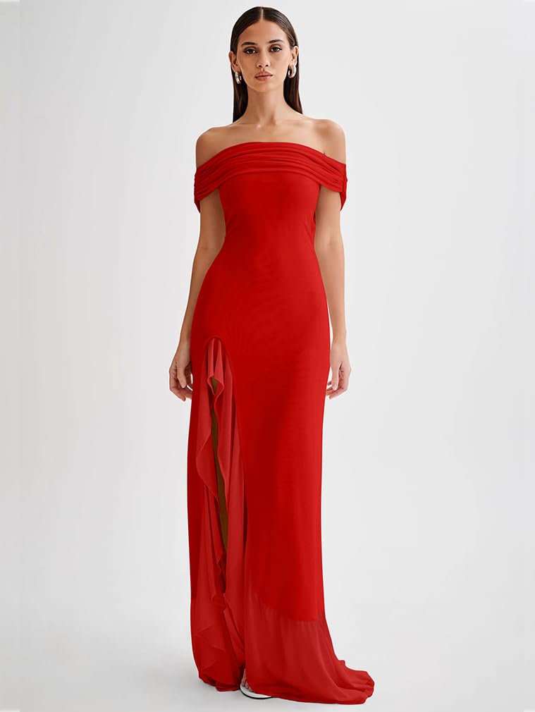 Off Shoulder High Split Ruffled Dress