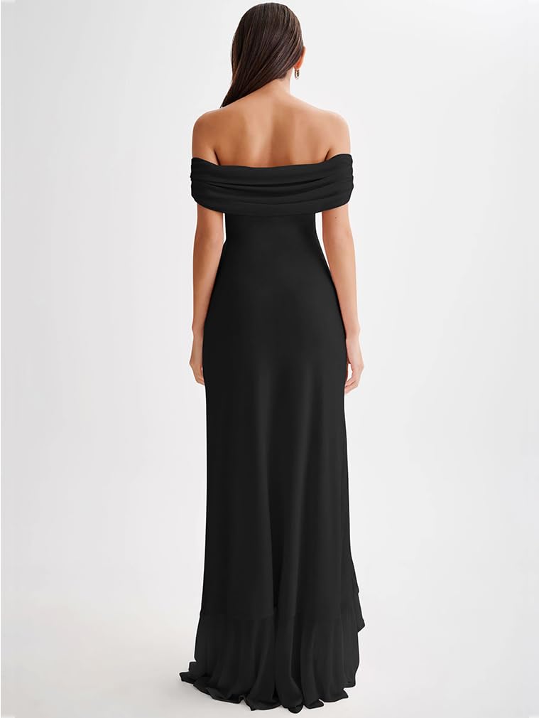Off Shoulder High Split Ruffled Dress