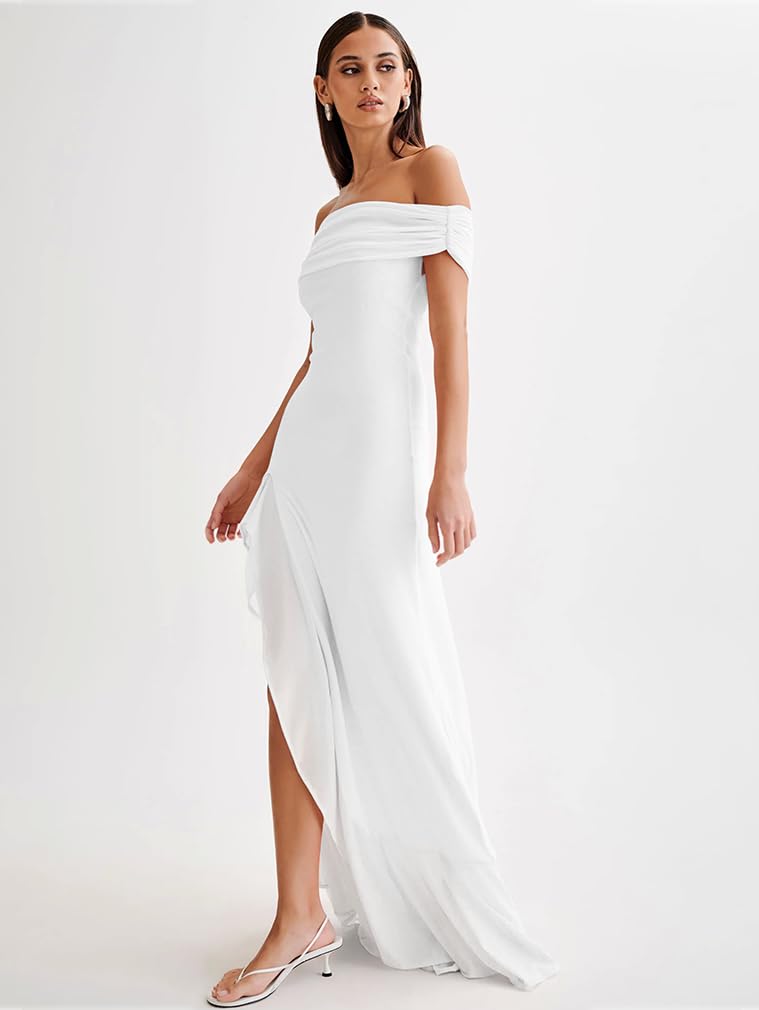 Off Shoulder High Split Ruffled Dress