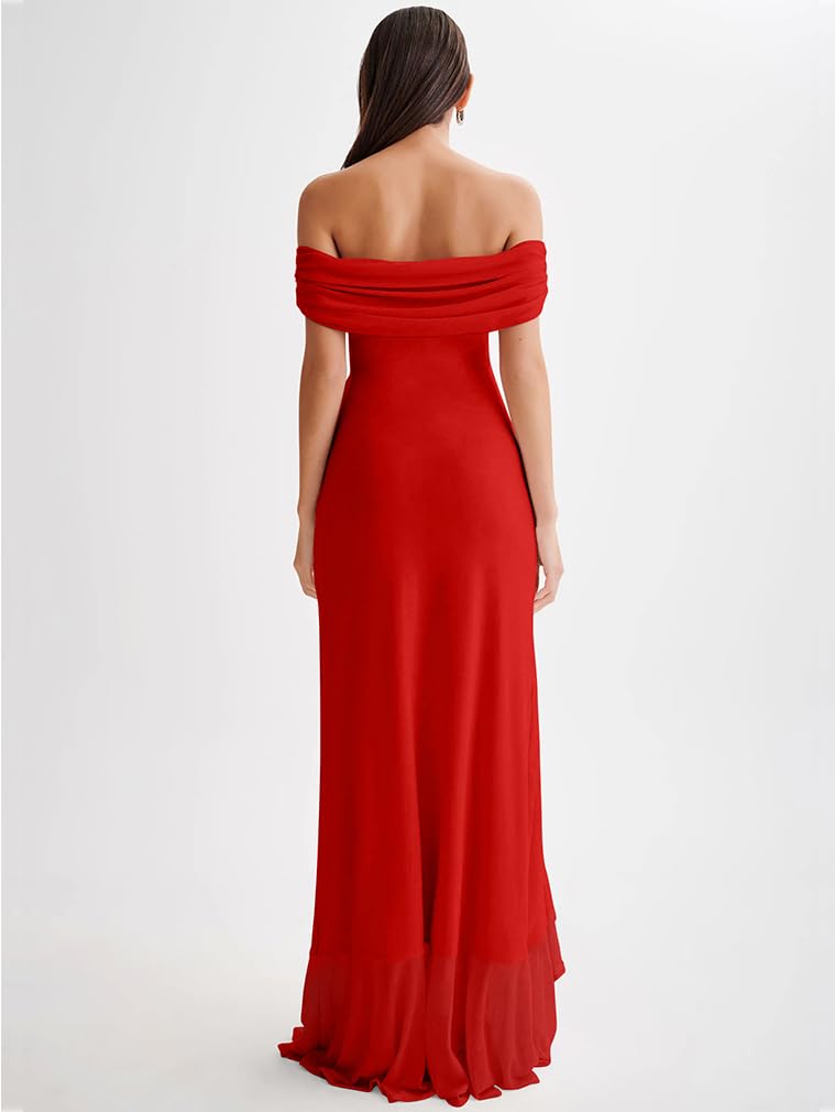 Off Shoulder High Split Ruffled Dress