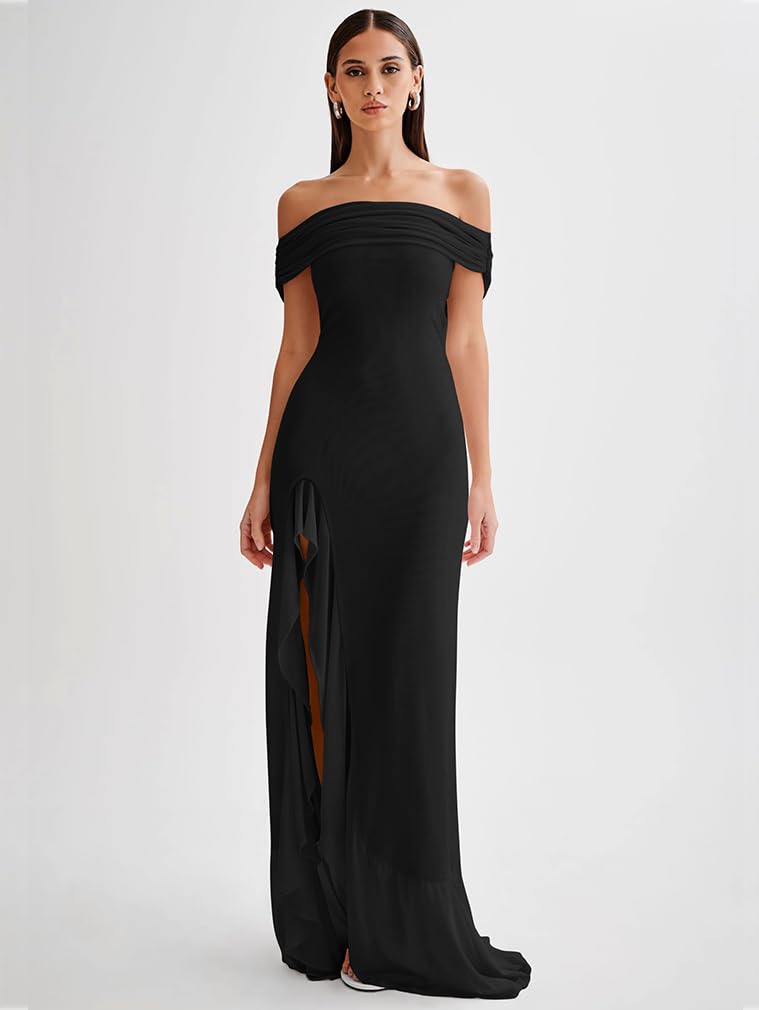 Off Shoulder High Split Ruffled Dress