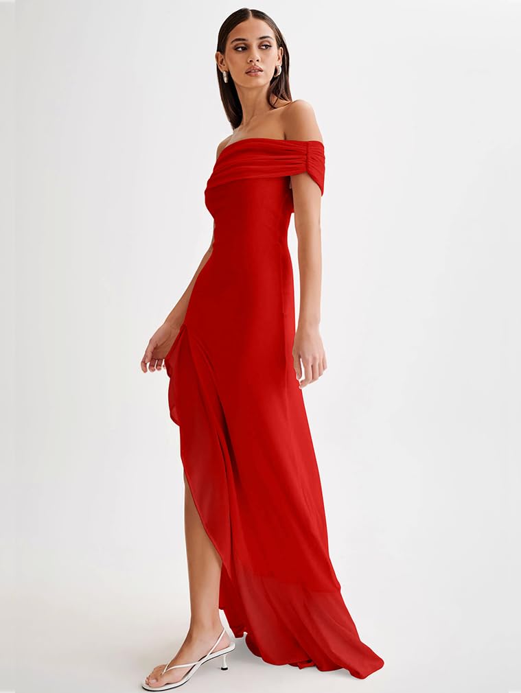 Off Shoulder High Split Ruffled Dress