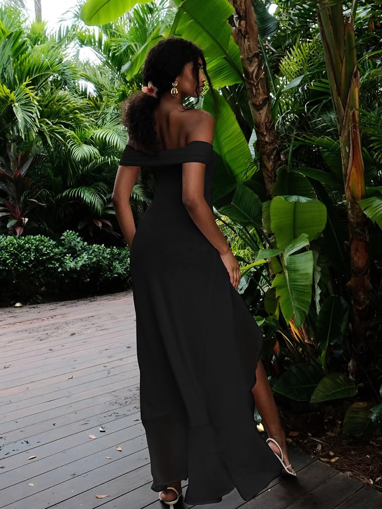 Off Shoulder High Split Ruffled Dress