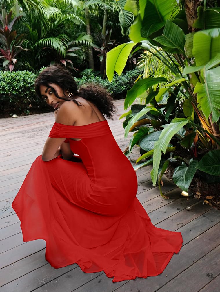 Off Shoulder High Split Ruffled Dress