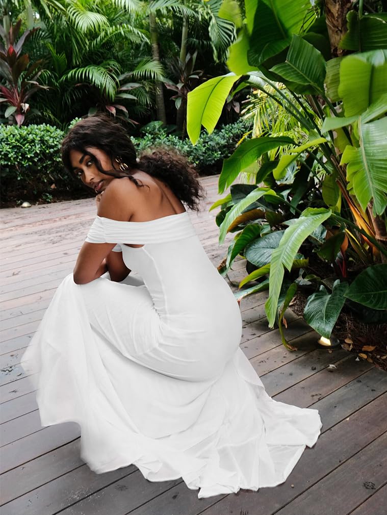 Off Shoulder High Split Ruffled Dress